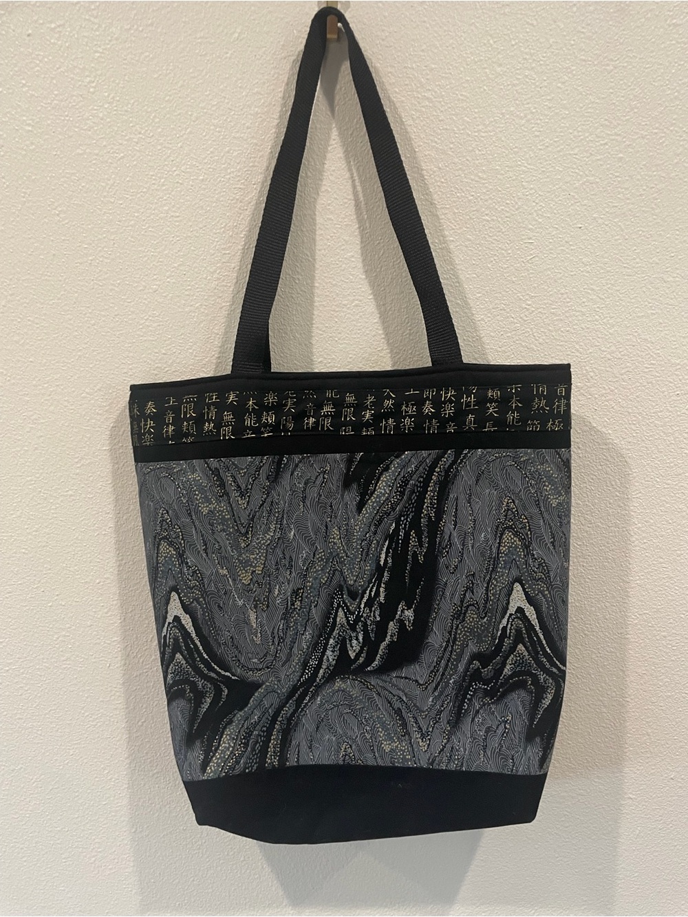 Black Marble-Pattern Tote Bag with Asian Script Trim